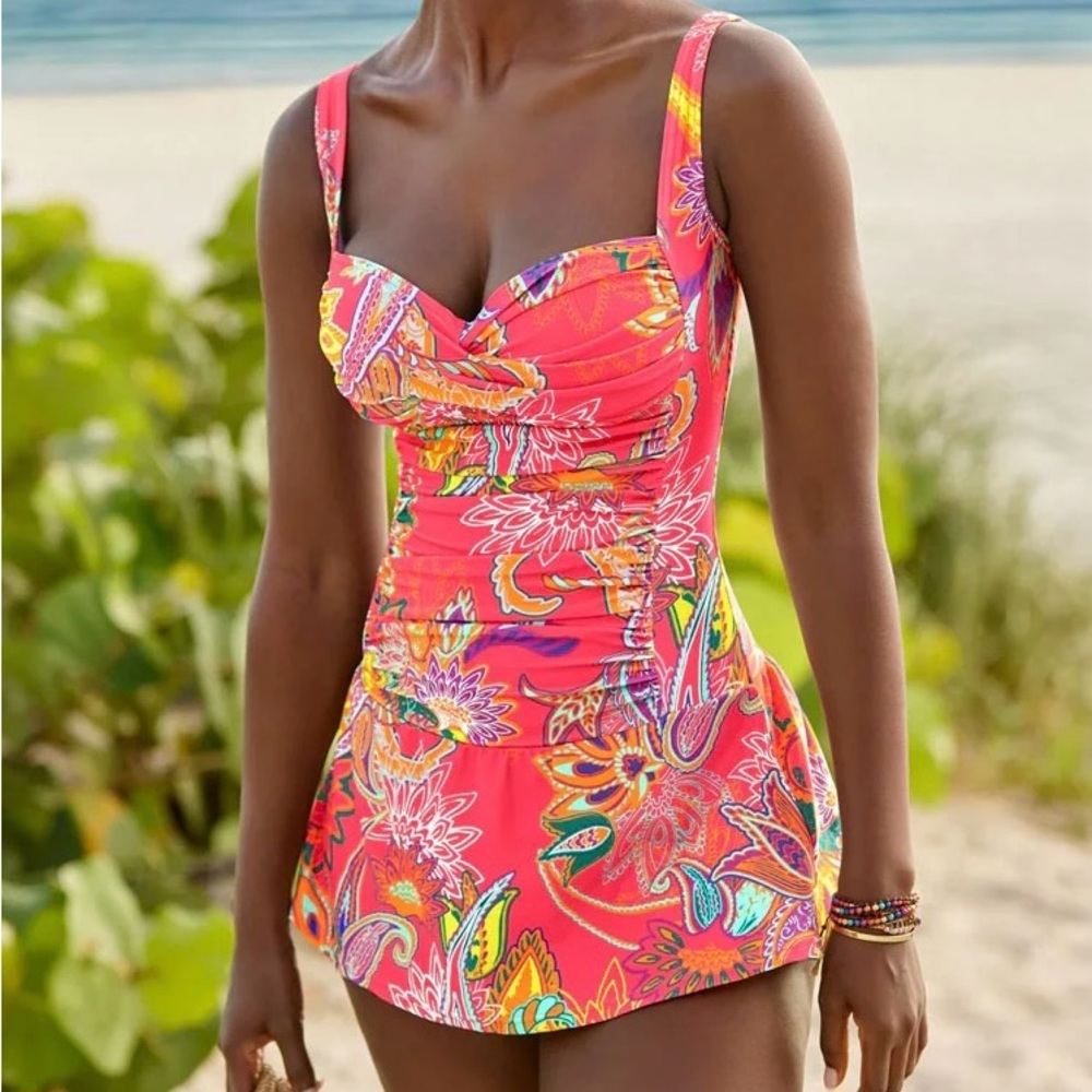 Pinkish Coral with Multi Color Tropical Print Swimdress